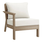 Fauteuil de jardin Polytrends Birchwood en PEHD résistant aux intempéries, assise profonde, aspect bois vieilli, accoudoir gauche et coussins (ensemble de 2 pièces)