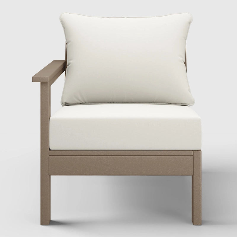 Fauteuil de jardin Polytrends Birchwood en PEHD résistant aux intempéries, assise profonde, aspect bois vieilli, accoudoir gauche et coussins (ensemble de 2 pièces)