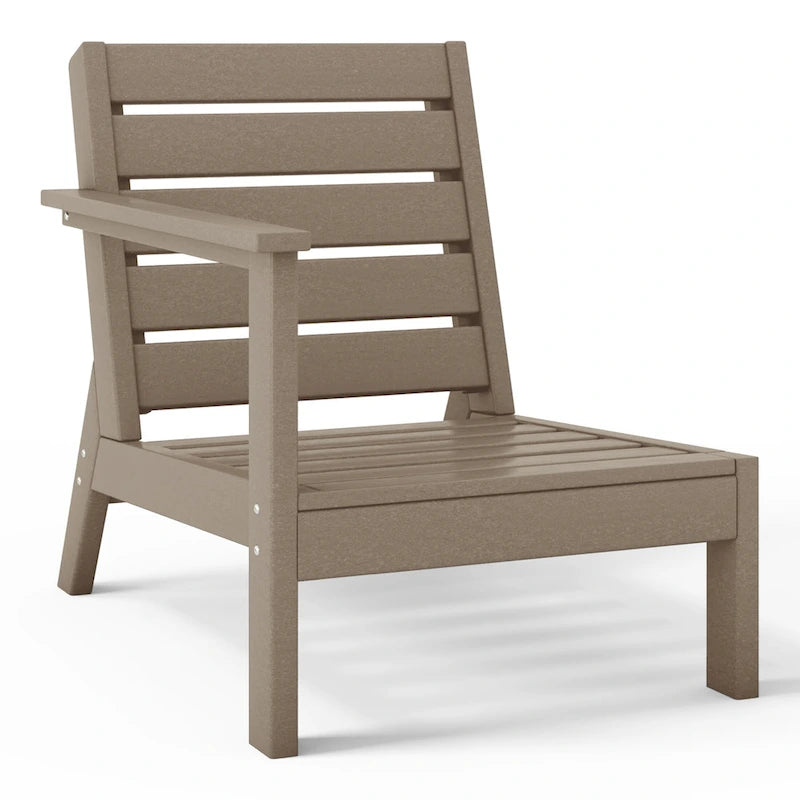 Fauteuil de jardin Polytrends Birchwood en PEHD résistant aux intempéries, assise profonde, aspect bois vieilli, accoudoir gauche et coussins (ensemble de 2 pièces)