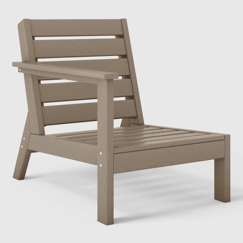 Fauteuil de jardin Polytrends Birchwood en PEHD résistant aux intempéries, assise profonde, aspect bois vieilli, accoudoir gauche et coussins (ensemble de 2 pièces)