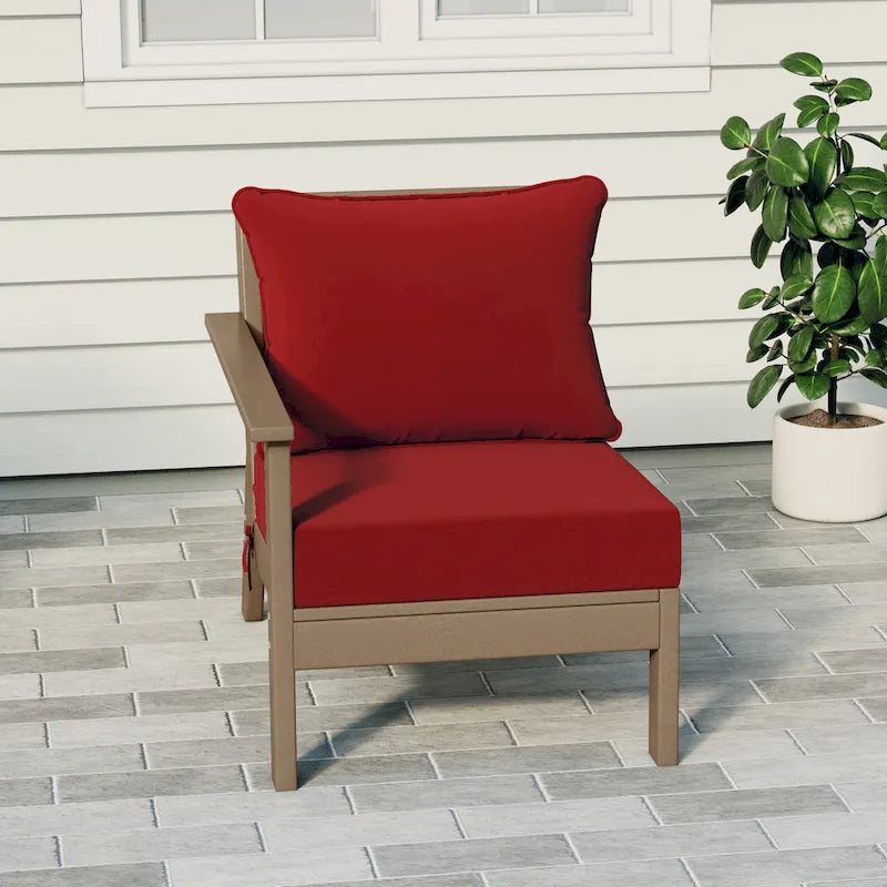 Fauteuil de jardin Polytrends Birchwood en PEHD résistant aux intempéries, assise profonde, aspect bois vieilli, accoudoir gauche et coussins (ensemble de 2 pièces)