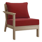 Fauteuil de jardin Polytrends Birchwood en PEHD résistant aux intempéries, assise profonde, aspect bois vieilli, accoudoir gauche et coussins (ensemble de 2 pièces)