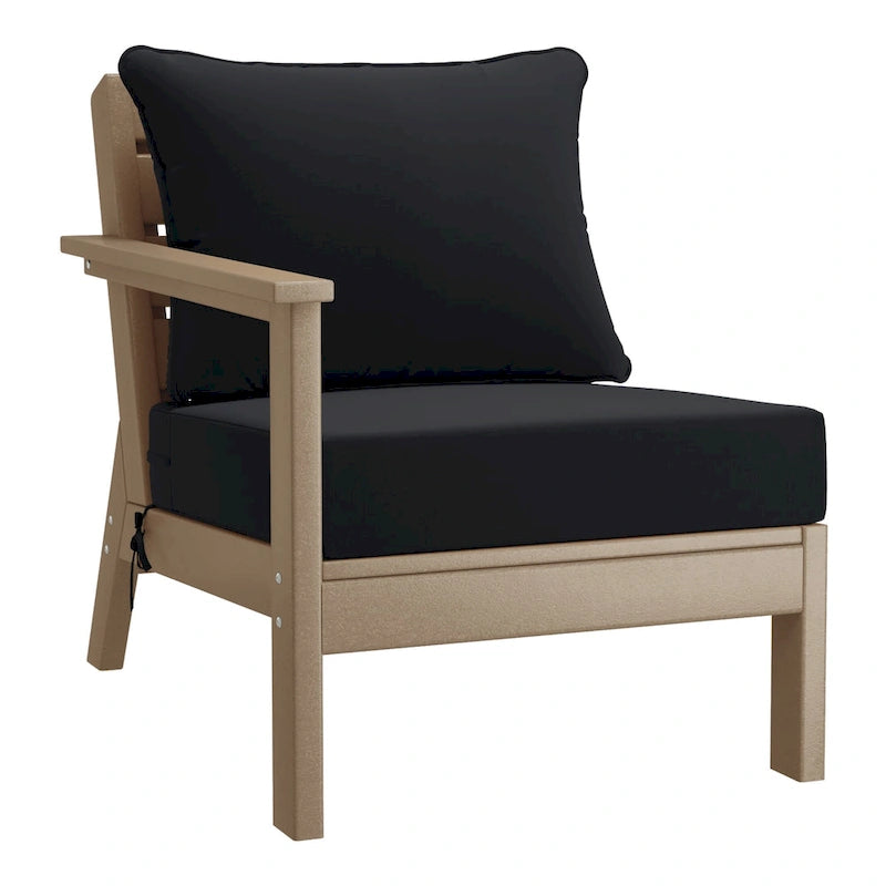 Fauteuil de jardin Polytrends Birchwood en PEHD résistant aux intempéries, assise profonde, aspect bois vieilli, accoudoir gauche et coussins (ensemble de 2 pièces)