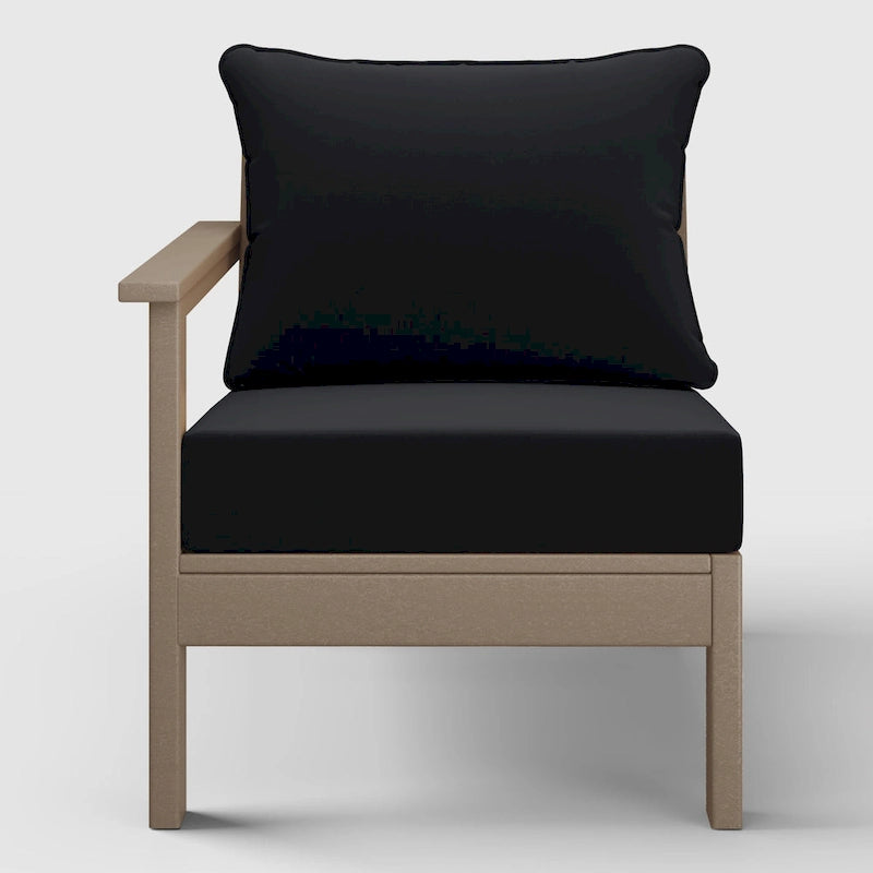 Fauteuil de jardin Polytrends Birchwood en PEHD résistant aux intempéries, assise profonde, aspect bois vieilli, accoudoir gauche et coussins (ensemble de 2 pièces)