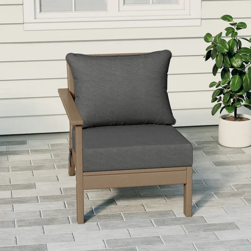 Fauteuil de jardin Polytrends Birchwood en PEHD résistant aux intempéries, assise profonde, aspect bois vieilli, accoudoir gauche et coussins (ensemble de 2 pièces)