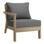 Fauteuil de jardin Polytrends Birchwood en PEHD résistant aux intempéries, assise profonde, aspect bois vieilli, accoudoir gauche et coussins (ensemble de 2 pièces)