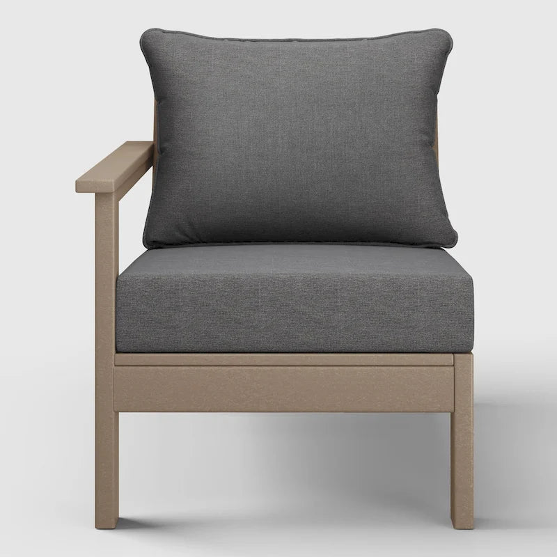 Fauteuil de jardin Polytrends Birchwood en PEHD résistant aux intempéries, assise profonde, aspect bois vieilli, accoudoir gauche et coussins (ensemble de 2 pièces)