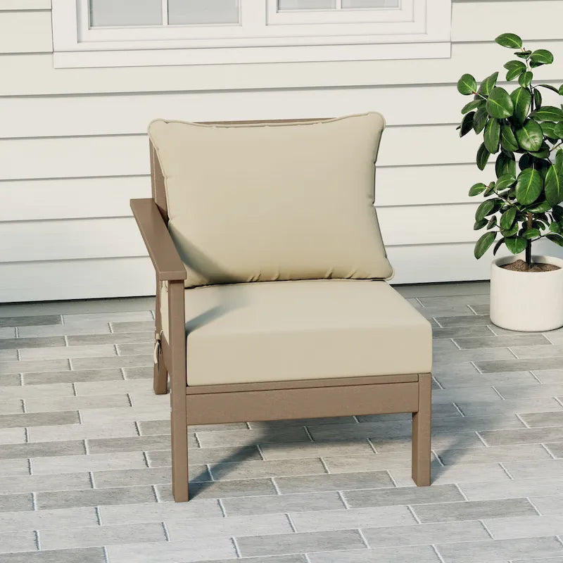 Fauteuil de jardin Polytrends Birchwood en PEHD résistant aux intempéries, assise profonde, aspect bois vieilli, accoudoir gauche et coussins (ensemble de 2 pièces)