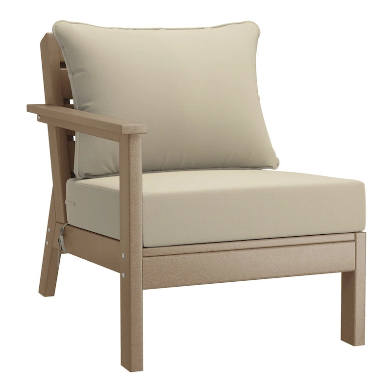 Fauteuil de jardin Polytrends Birchwood en PEHD résistant aux intempéries, assise profonde, aspect bois vieilli, accoudoir gauche et coussins (ensemble de 2 pièces)