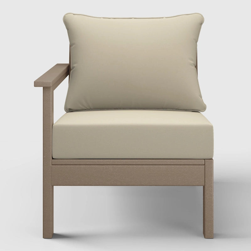 Fauteuil de jardin Polytrends Birchwood en PEHD résistant aux intempéries, assise profonde, aspect bois vieilli, accoudoir gauche et coussins (ensemble de 2 pièces)