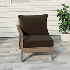 Fauteuil de jardin Polytrends Birchwood en PEHD résistant aux intempéries, assise profonde, aspect bois vieilli, accoudoir gauche et coussins (ensemble de 2 pièces)