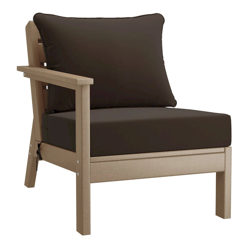 Fauteuil de jardin Polytrends Birchwood en PEHD résistant aux intempéries, assise profonde, aspect bois vieilli, accoudoir gauche et coussins (ensemble de 2 pièces)