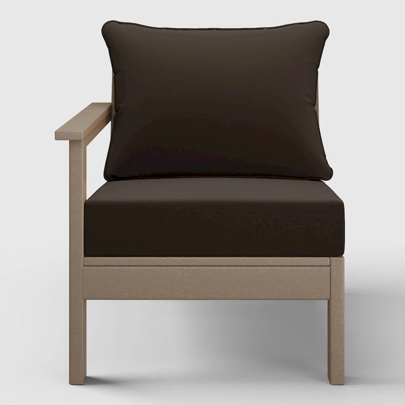 Fauteuil de jardin Polytrends Birchwood en PEHD résistant aux intempéries, assise profonde, aspect bois vieilli, accoudoir gauche et coussins (ensemble de 2 pièces)