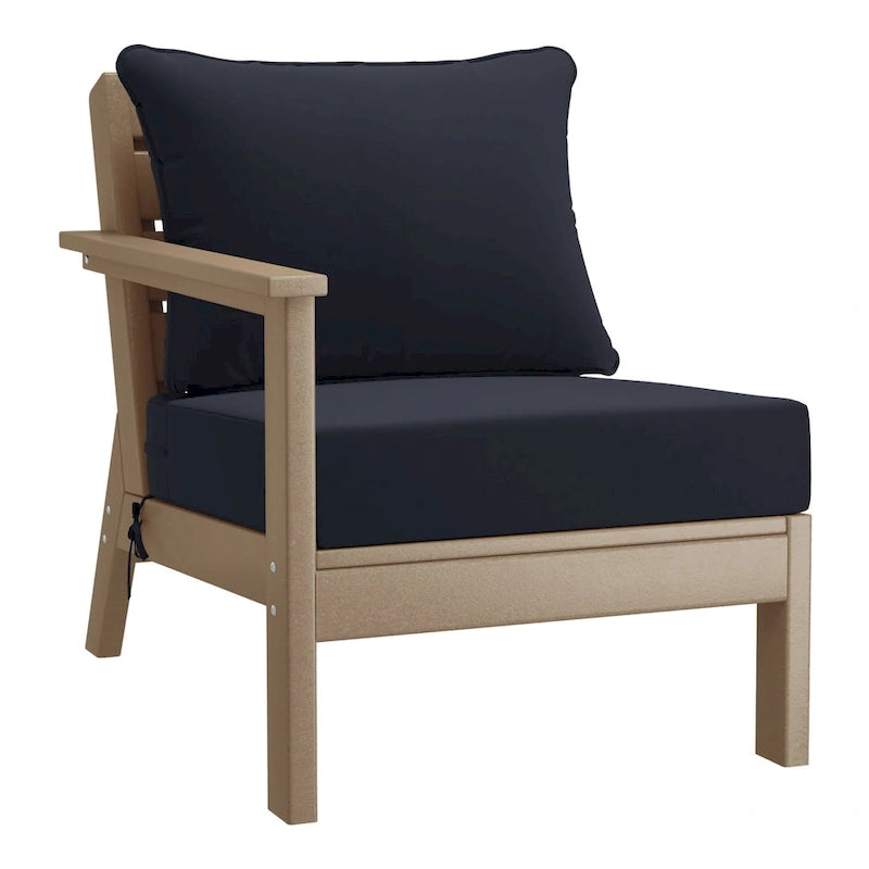 Fauteuil de jardin Polytrends Birchwood en PEHD résistant aux intempéries, assise profonde, aspect bois vieilli, accoudoir gauche et coussins (ensemble de 2 pièces)