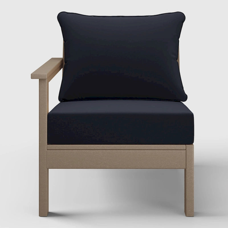 Fauteuil de jardin Polytrends Birchwood en PEHD résistant aux intempéries, assise profonde, aspect bois vieilli, accoudoir gauche et coussins (ensemble de 2 pièces)