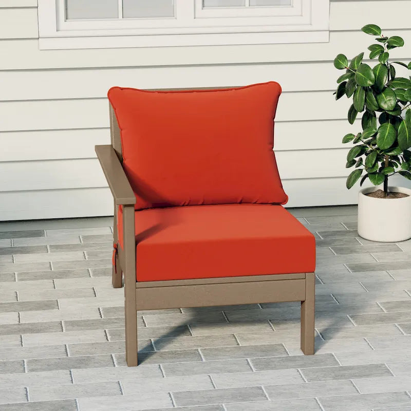 Fauteuil de jardin Polytrends Birchwood en PEHD résistant aux intempéries, assise profonde, aspect bois vieilli, accoudoir gauche et coussins (ensemble de 2 pièces)