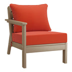 Fauteuil de jardin Polytrends Birchwood en PEHD résistant aux intempéries, assise profonde, aspect bois vieilli, accoudoir gauche et coussins (ensemble de 2 pièces)