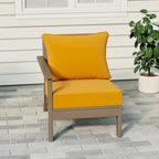 Fauteuil de jardin Polytrends Birchwood en PEHD résistant aux intempéries, assise profonde, aspect bois vieilli, accoudoir gauche et coussins (ensemble de 2 pièces)