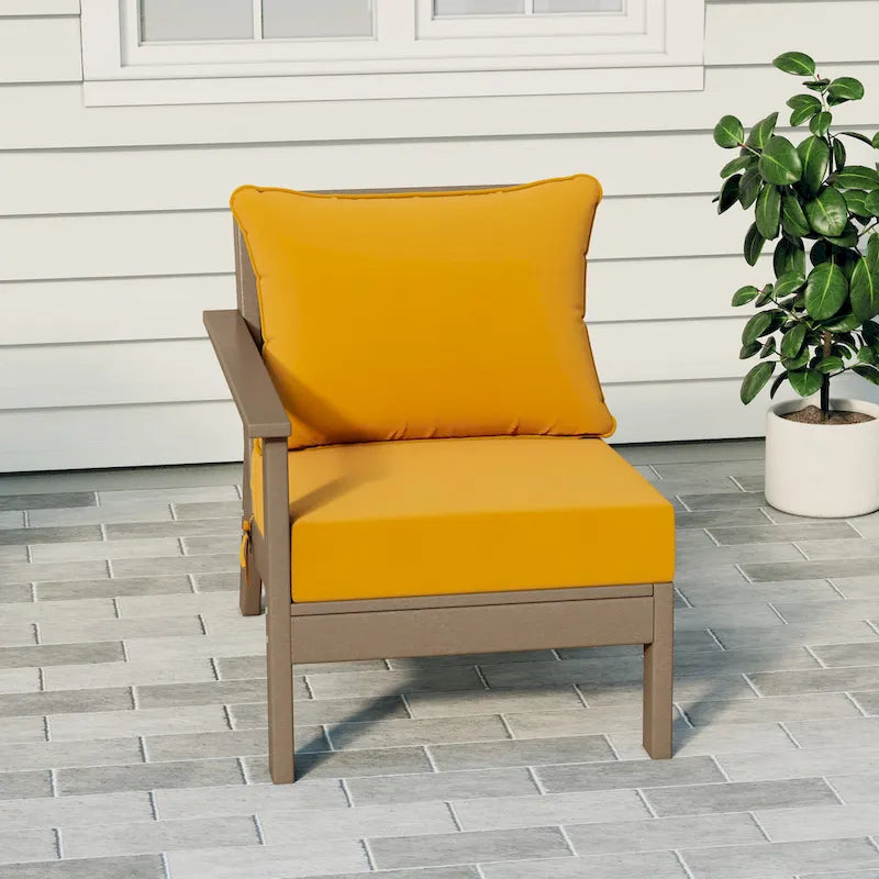 Fauteuil de jardin Polytrends Birchwood en PEHD résistant aux intempéries, assise profonde, aspect bois vieilli, accoudoir gauche et coussins (ensemble de 2 pièces)