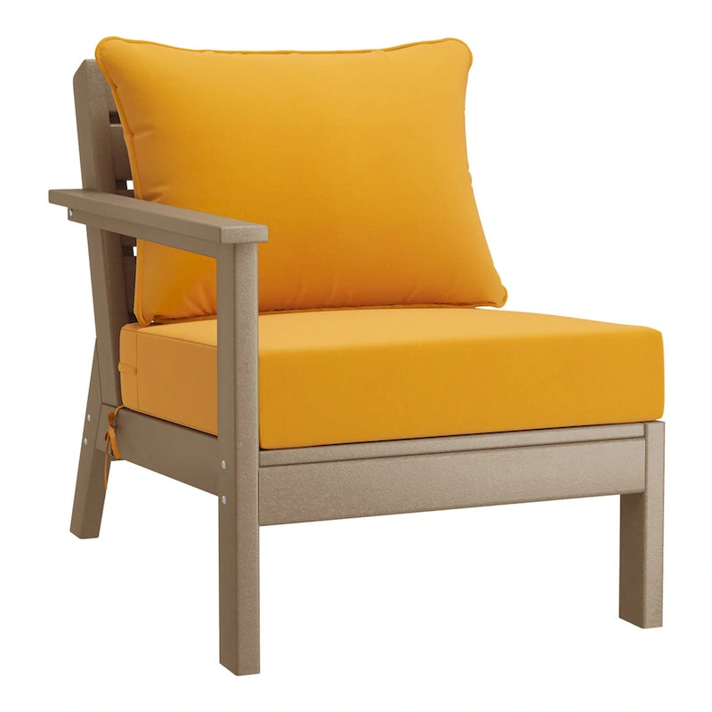 Fauteuil de jardin Polytrends Birchwood en PEHD résistant aux intempéries, assise profonde, aspect bois vieilli, accoudoir gauche et coussins (ensemble de 2 pièces)