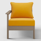 Fauteuil de jardin Polytrends Birchwood en PEHD résistant aux intempéries, assise profonde, aspect bois vieilli, accoudoir gauche et coussins (ensemble de 2 pièces)