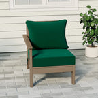 Fauteuil de jardin Polytrends Birchwood en PEHD résistant aux intempéries, assise profonde, aspect bois vieilli, accoudoir gauche et coussins (ensemble de 2 pièces)