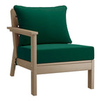 Fauteuil de jardin Polytrends Birchwood en PEHD résistant aux intempéries, assise profonde, aspect bois vieilli, accoudoir gauche et coussins (ensemble de 2 pièces)