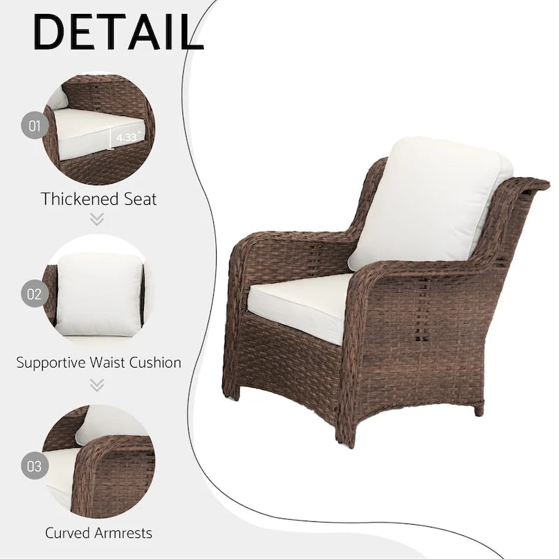 Ensemble de conversation d'extérieur en rotin 5 pièces comprenant un canapé 3 places, 2 fauteuils et des poufs pour terrasse ou balcon.