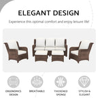 Ensemble de conversation d'extérieur en rotin 5 pièces comprenant un canapé 3 places, 2 fauteuils et des poufs pour terrasse ou balcon.