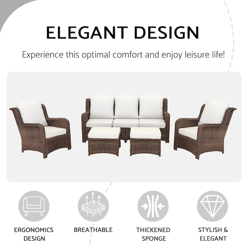 Ensemble de conversation d'extérieur en rotin 5 pièces comprenant un canapé 3 places, 2 fauteuils et des poufs pour terrasse ou balcon.