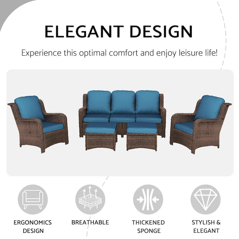 Ensemble de conversation d'extérieur en rotin 5 pièces comprenant un canapé 3 places, 2 fauteuils et des poufs pour terrasse ou balcon.