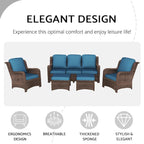 Ensemble de conversation d'extérieur en rotin 5 pièces comprenant un canapé 3 places, 2 fauteuils et des poufs pour terrasse ou balcon.