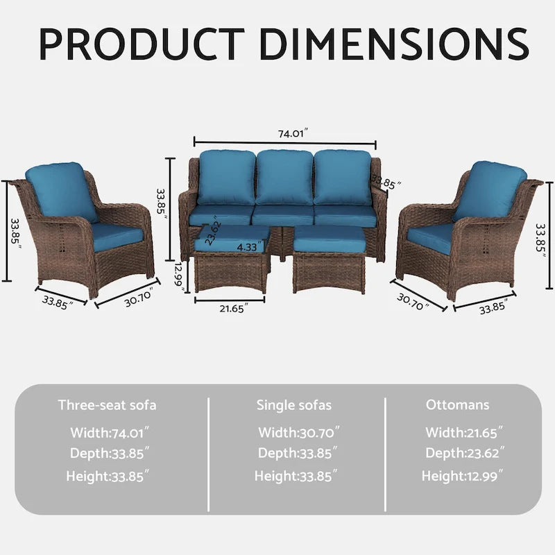 Ensemble de conversation d'extérieur en rotin 5 pièces comprenant un canapé 3 places, 2 fauteuils et des poufs pour terrasse ou balcon.