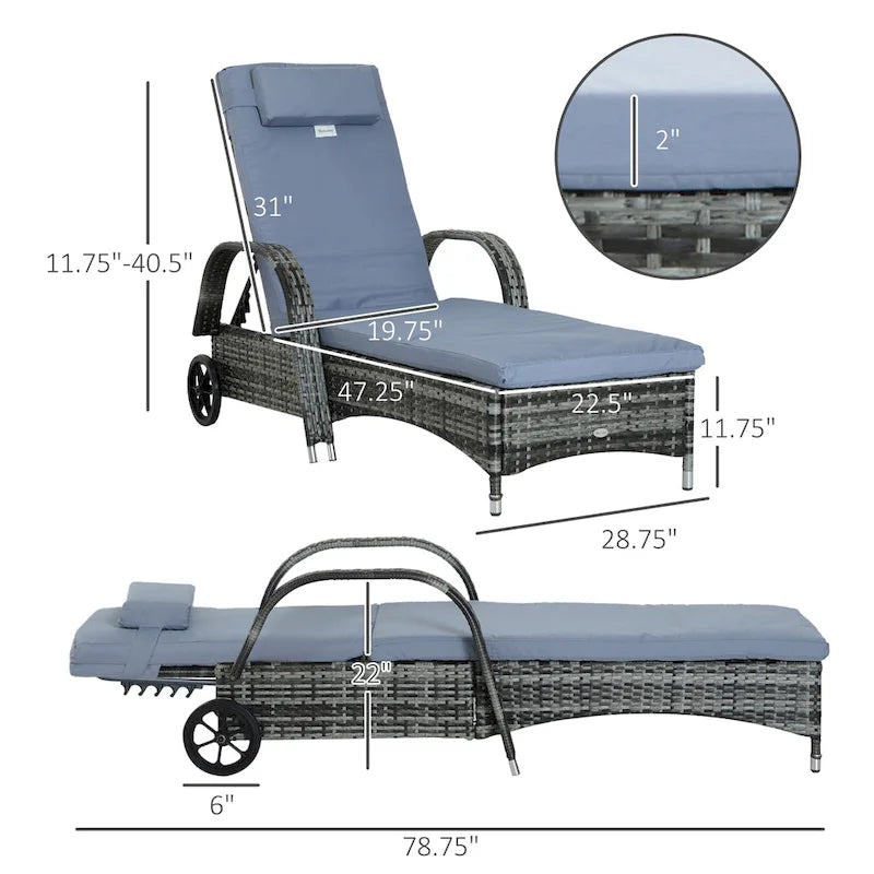 Chaise longue d'extérieur Outsunny en résine tressée, dossier réglable sur 5 niveaux, avec roulettes, coussin et appui-tête.