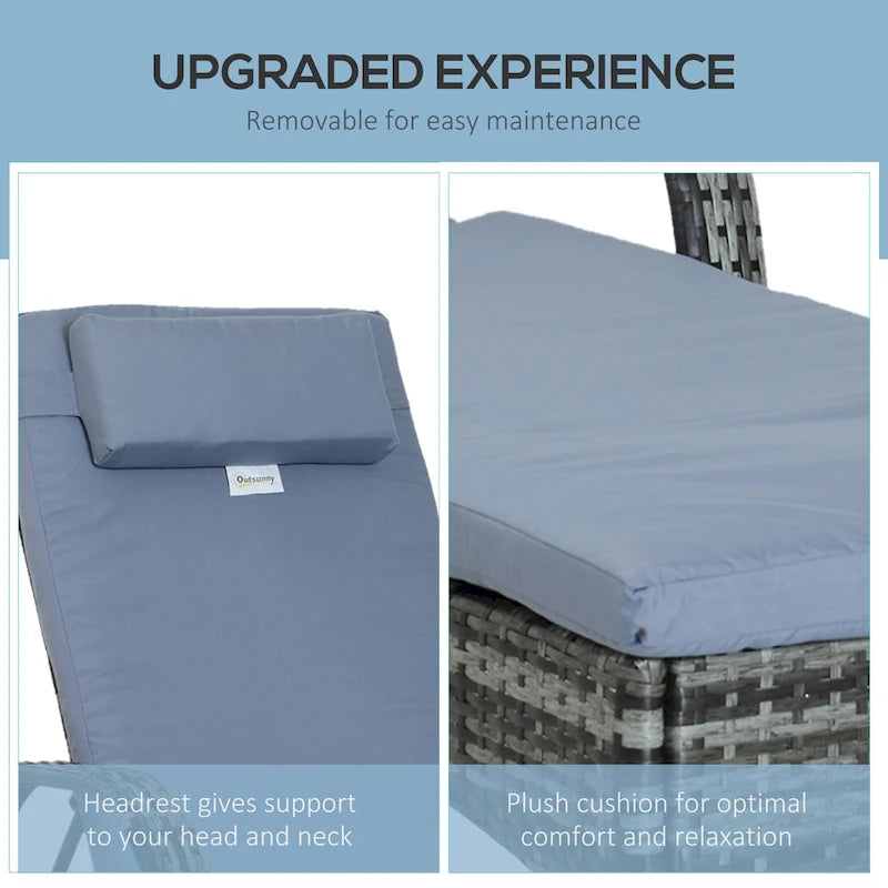 Chaise longue d'extérieur Outsunny en résine tressée, dossier réglable sur 5 niveaux, avec roulettes, coussin et appui-tête.