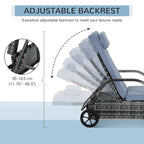 Chaise longue d'extérieur Outsunny en résine tressée, dossier réglable sur 5 niveaux, avec roulettes, coussin et appui-tête.