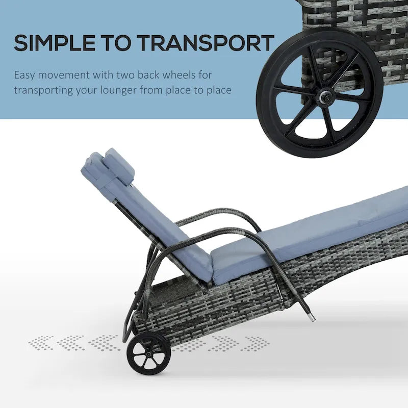 Chaise longue d'extérieur Outsunny en résine tressée, dossier réglable sur 5 niveaux, avec roulettes, coussin et appui-tête.