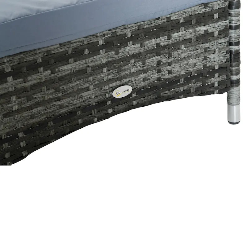 Chaise longue d'extérieur Outsunny en résine tressée, dossier réglable sur 5 niveaux, avec roulettes, coussin et appui-tête.