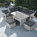 Ensemble de canapé d'angle en rotin pour terrasse avec table à hauteur réglable, 2 fauteuils inclinables et tables d'appoint extensibles.