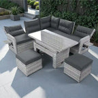 Ensemble de canapé d'angle en rotin pour terrasse avec table à hauteur réglable, 2 fauteuils inclinables et tables d'appoint extensibles.