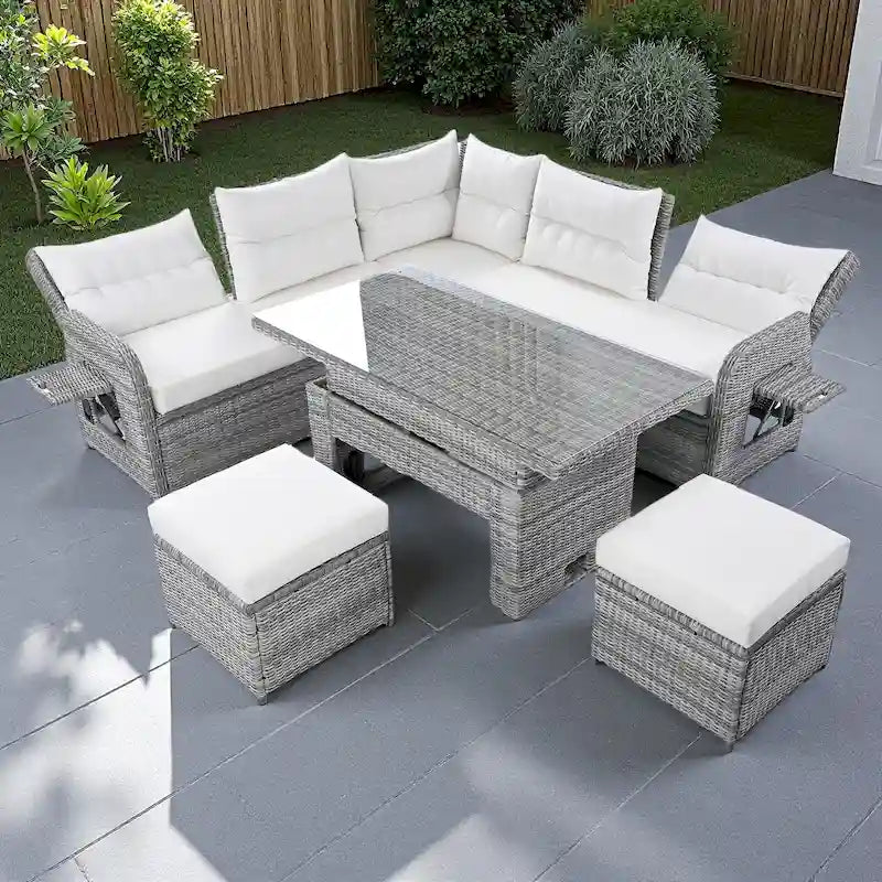 Ensemble de canapé d'angle en rotin pour terrasse avec table à hauteur réglable, 2 fauteuils inclinables et tables d'appoint extensibles.