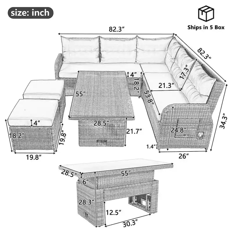 Ensemble de canapé d'angle en rotin pour terrasse avec table à hauteur réglable, 2 fauteuils inclinables et tables d'appoint extensibles.