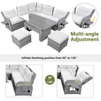Ensemble de canapé d'angle en rotin pour terrasse avec table à hauteur réglable, 2 fauteuils inclinables et tables d'appoint extensibles.