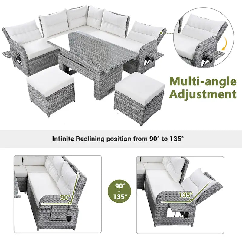 Ensemble de canapé d'angle en rotin pour terrasse avec table à hauteur réglable, 2 fauteuils inclinables et tables d'appoint extensibles.
