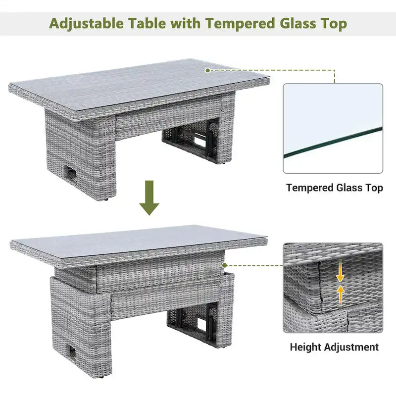 Ensemble de canapé d'angle en rotin pour terrasse avec table à hauteur réglable, 2 fauteuils inclinables et tables d'appoint extensibles.