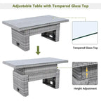 Ensemble de canapé d'angle en rotin pour terrasse avec table à hauteur réglable, 2 fauteuils inclinables et tables d'appoint extensibles.