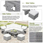 Ensemble de canapé d'angle en rotin pour terrasse avec table à hauteur réglable, 2 fauteuils inclinables et tables d'appoint extensibles.