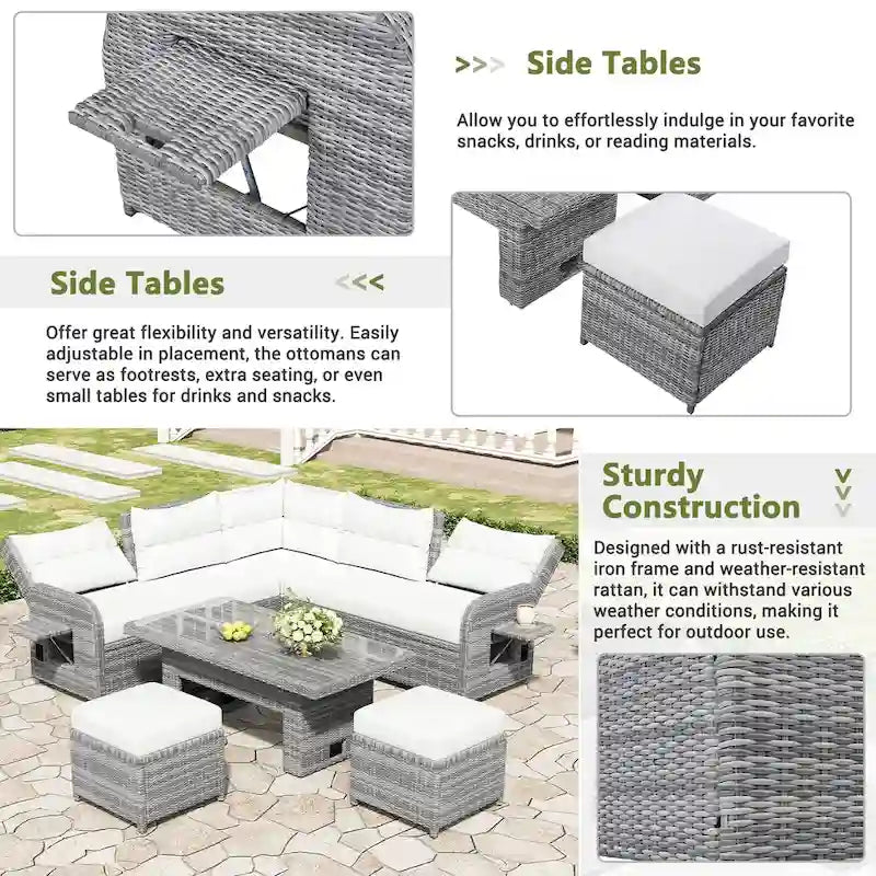 Ensemble de canapé d'angle en rotin pour terrasse avec table à hauteur réglable, 2 fauteuils inclinables et tables d'appoint extensibles.