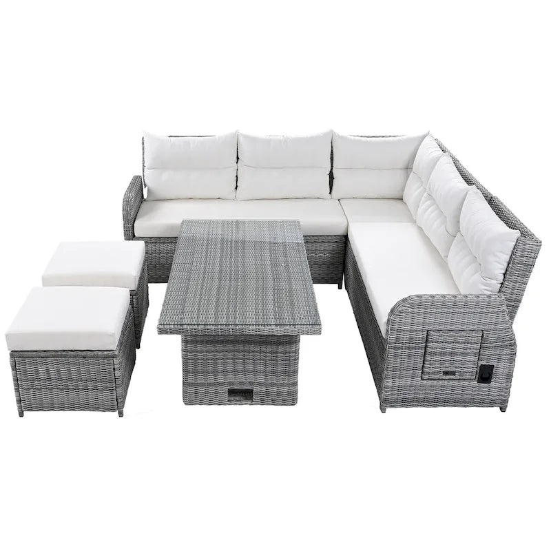 Ensemble de canapé d'angle en rotin pour terrasse avec table à hauteur réglable, 2 fauteuils inclinables et tables d'appoint extensibles.