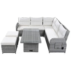 Ensemble de canapé d'angle en rotin pour terrasse avec table à hauteur réglable, 2 fauteuils inclinables et tables d'appoint extensibles.
